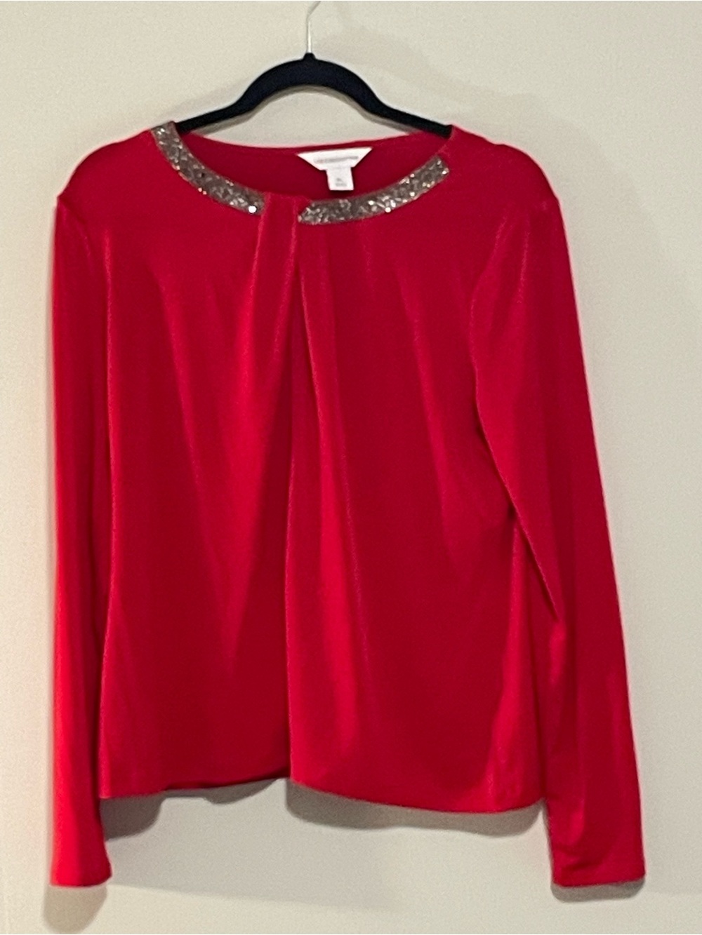 Liz Claiborne, Women's Red Embellished Neck Long-Sleeve Top